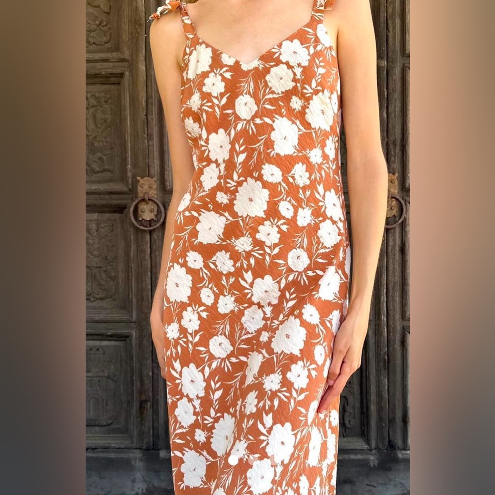 Audrey 3+1 Rust Floral Midi Dress with White Flower Print